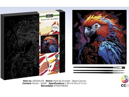 Maľovanie podľa čísel na čierne plátno - papagáj 30x30 cm
